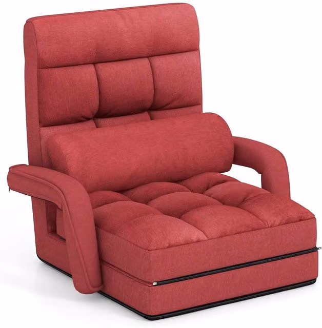 Havendro Red 6-Level Adjustable Folding Lazy Chaise Lounge Sofa Chair with Armrests and Metal Frame