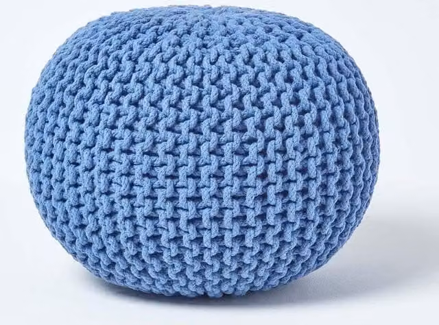 Homescapes Round Blue Cotton Knitted Pouffe Footstool