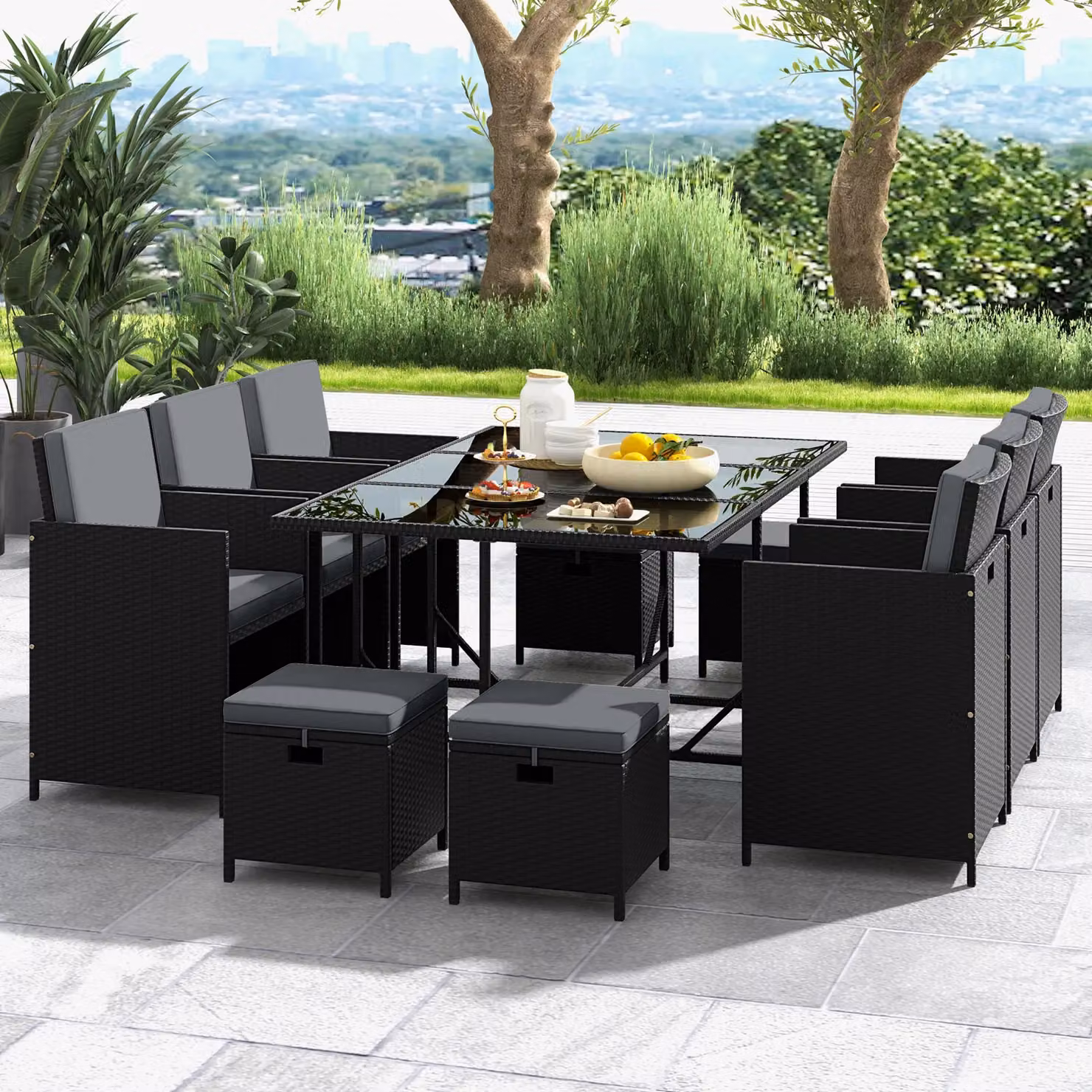 Gymax 11 Piece Grey Patio Dining Set with Tempered Glass Table and Rattan Ottomans – 5