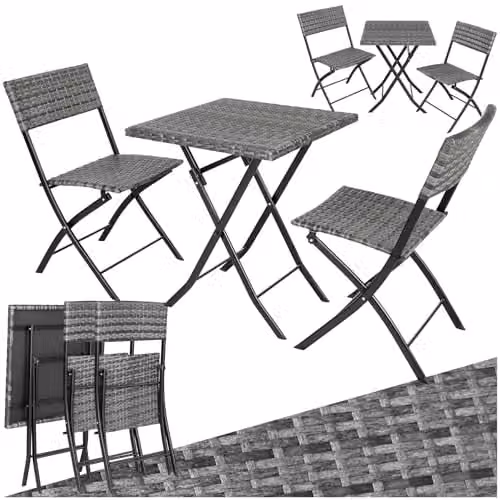 tectake 3 Piece Bistro Set with Foldable Poly Rattan Chairs and Square Table in Grey