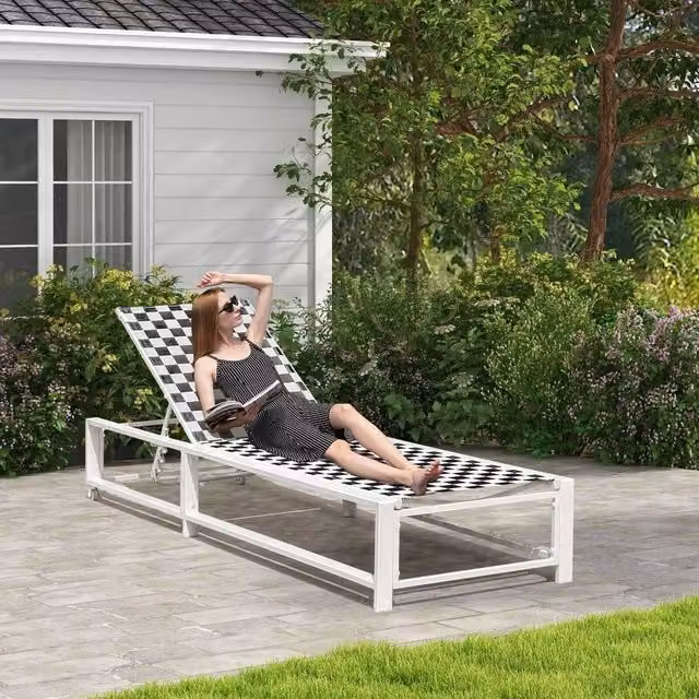 NESTLUNE Adjustable White Textilene Patio Chaise Lounge with Castors and Adjustable Headrest – 1