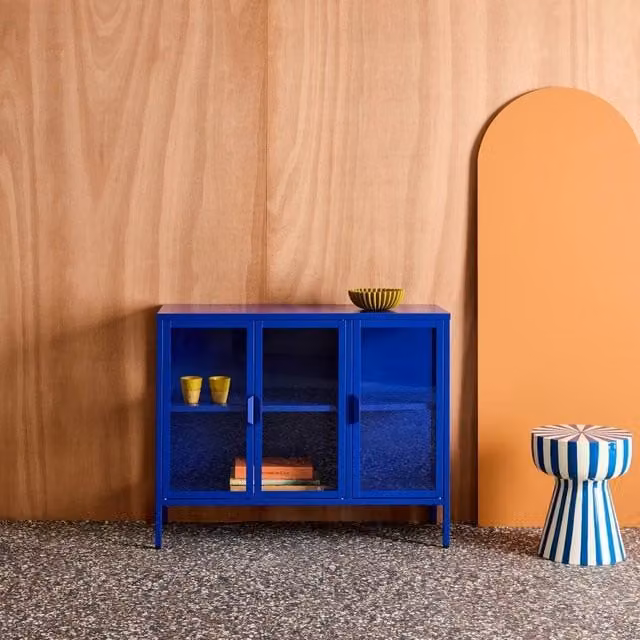 Sweekeek Industrial Metal and Tempered Glass Sideboard with 3 Doors, Blue, W: 100 cm