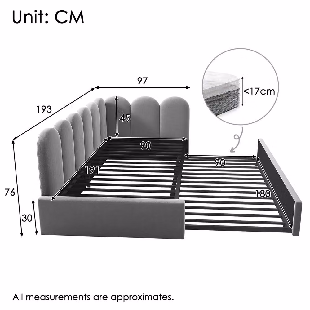 Merax Grey Upholstered L-Form Single Daybed with Pull Out Guest Bed, W/D/H: 190 x 90 x 76 cm – 2