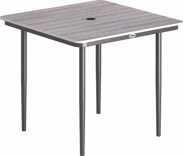 Outsunny Square Garden Dining Table for 4 with Umbrella Hole, Light Grey Faux Wood Top and Metal Legs, W: 85 cm x D: 85 cm x H: 75 cm