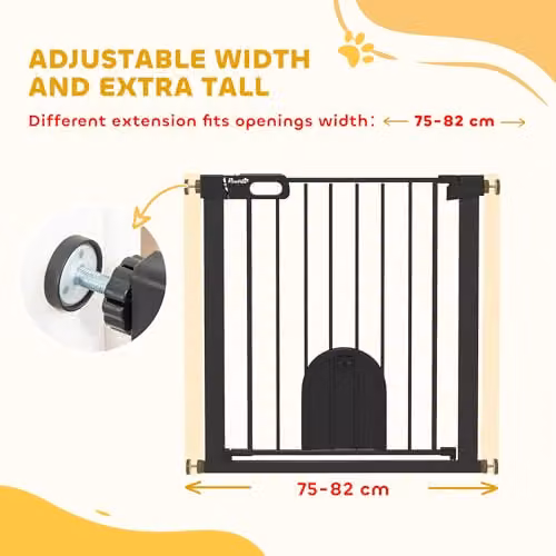 PawHut Black Metal Dog Gate with Cat Flap and Auto Close Pressure Fit Stair Gate – 5