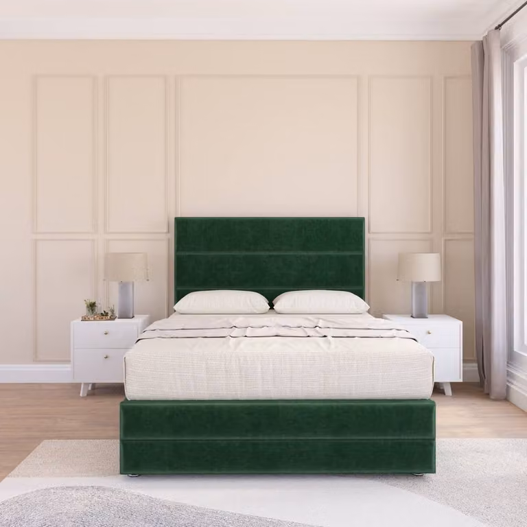 Sloomy Monaco Upholstered Velvet Bed Frame with Floor Standing Headboard in Green, Size: 180 x 200 cm