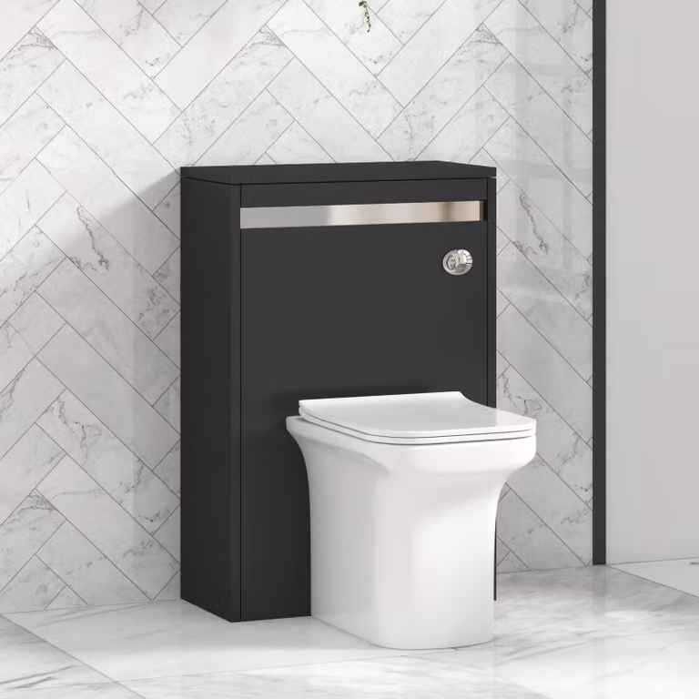 Royal Bathrooms Orion Matt Obsidian Black Back to Wall WC Unit with Crosby Rimless Ceramic Toilet Pan, Seat and Cistern, Width: 54 cm