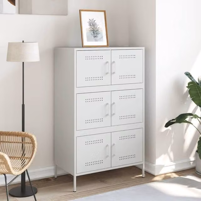 Berkfield Home White Steel Highboard with Hinged Doors and Internal Shelves, W/D/H: 68 x 39 x 113 cm