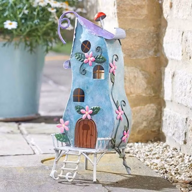 Garden Mile Metal Fairy House Garden Ornament in Blue, Purple and Green
