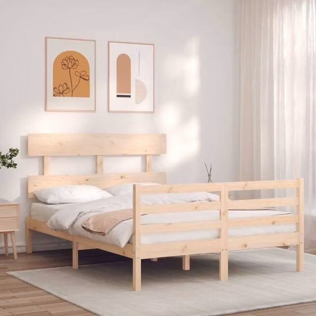 Berkfield Home Beautiful Solid Wood Bed Frame with Headboard in Beige, W/D/H: 140 x 200 x 81 cm