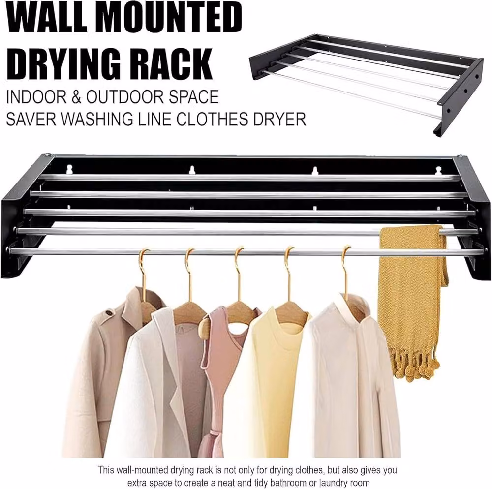ATEK Wall Mounted Retractable Laundry Drying Rack in Black with 20kg Capacity – 4