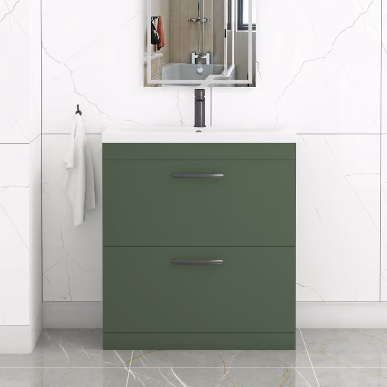 Royal Bathrooms Turin 800mm Floor Standing Vanity Unit in Matt Green with 2 Drawers and Matt Black Handles