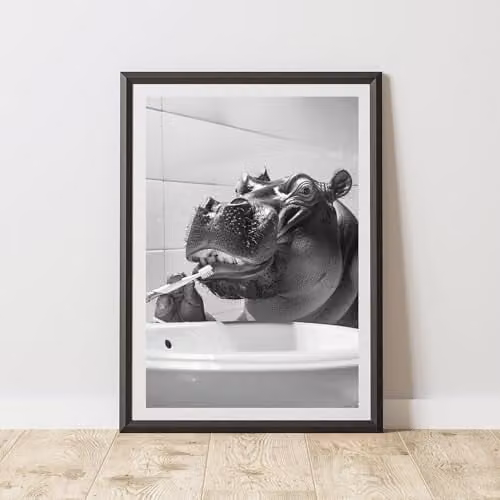 60 Second Makeover Hippo Brushing Teeth Animal Print Paper Poster, A3, Black, White and Grey