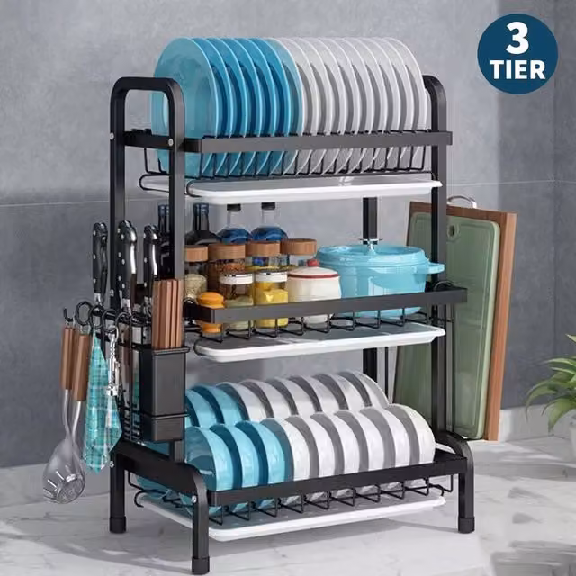 Kelvenix 3 Tier Dish Drainer Rack with Drip Tray and Cutlery Holder, Black, W: 52 cm, D: 53 cm, H: 61 cm