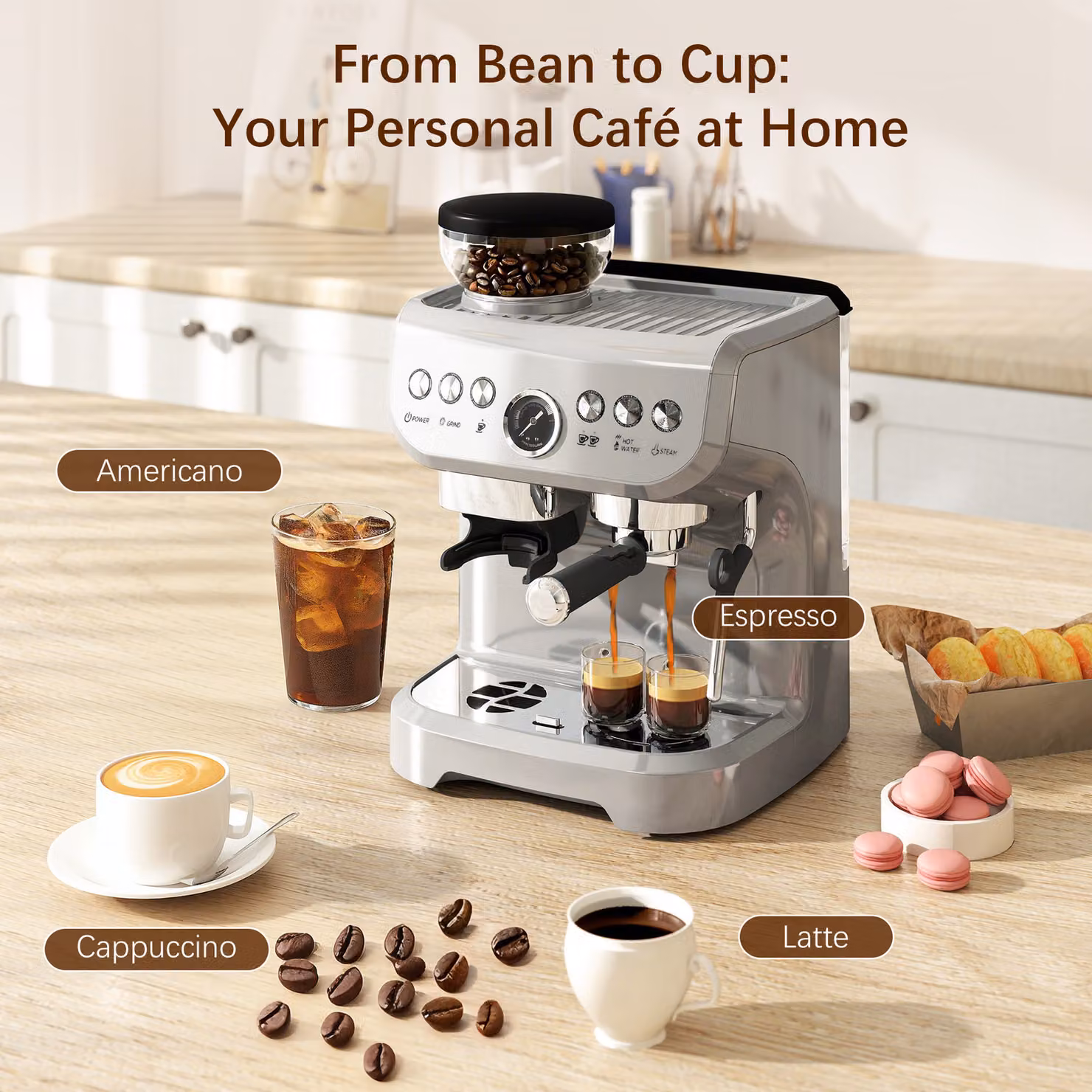 HOMCOM 15 Bar Espresso Coffee Machine with Adjustable Grind and Steam Wand in Silver – 4