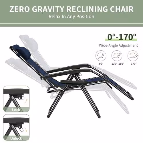 MCC Direct Set of 2 Zero Gravity Reclining Sun Lounger Chairs in Black and Blue Oxford Fabric – 6