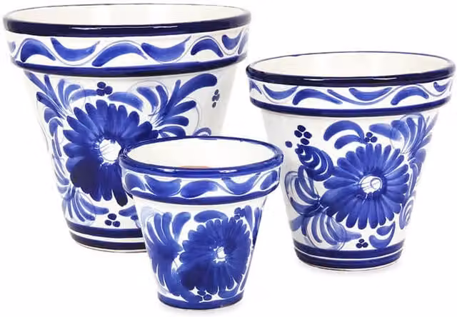 Verano Ceramics Blue Floral Classic Round Ceramic Tabletop Plant Pot Set