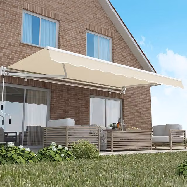Primrose Manual Retractable Wall-Mounted Awning with Folding Arms in Sand, W: 350 cm, D: 250 cm