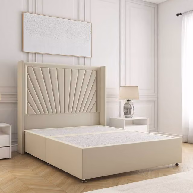 BSSPOKE Alina Super King Divan Bed with 54 inch Plush Velvet Headboard in Beige