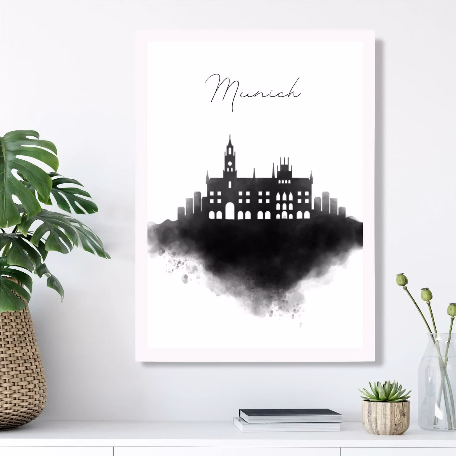 ARTZE Munich Watercolour Skyline City Framed Print, A4, Black and White – 2