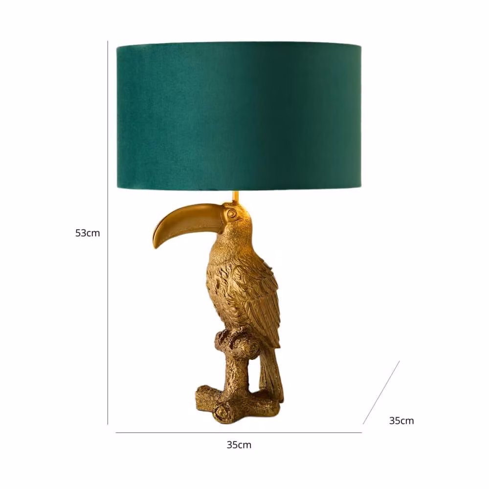 ValueLights Tuki Toucan Table Lamp with Green Velvet Drum Shade and Bulb in Bronze and Gold – 4