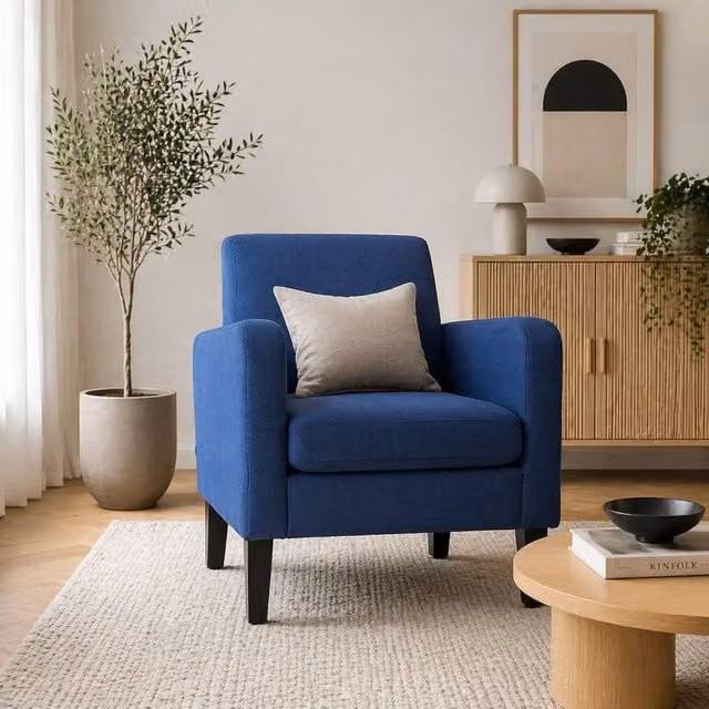 Wyld Haus Niro Blue Linen Look Box Armchair with Solid Rubberwood Frame