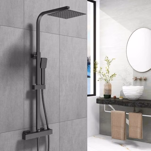 Kelvenix Matt Black Brass Single Lever Shower Thermostat Mixer Set with Safety Stop