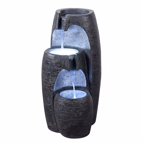 Teamson Home Modern 3-Tier Cascading Urn Outdoor Water Feature with LED Lights, Black