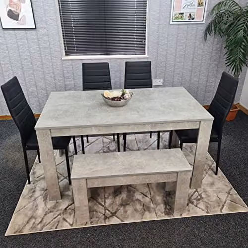 KOSY KOALA Modern 6 Seater Dining Set with Grey Stone Effect Table, 4 Black Faux Leather Chairs and 1 Bench, W/D/H: 140 x 80 x 75 cm