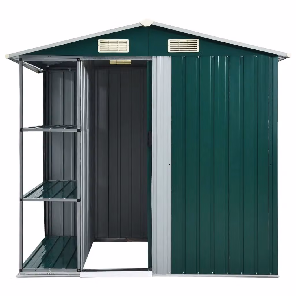 Berkfield Green Garden Shed with Shelving and Sliding Doors, W: 205 cm, D: 130 cm, H: 183 cm – 2