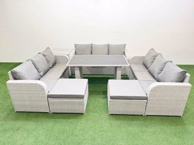 Fimous Modern Rattan Garden Furniture Set in Light Grey with Side Table and 2 Stools
