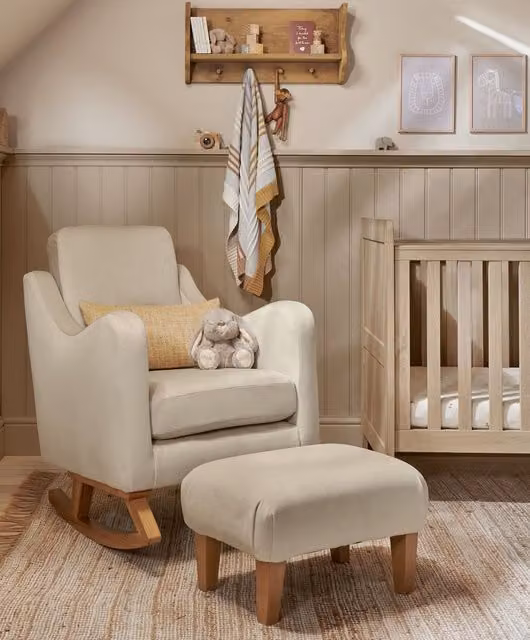 Mamas & Papas Bowdon Nursing Chair and Footstool Set in Beige Velvet with Oak Wood Frame
