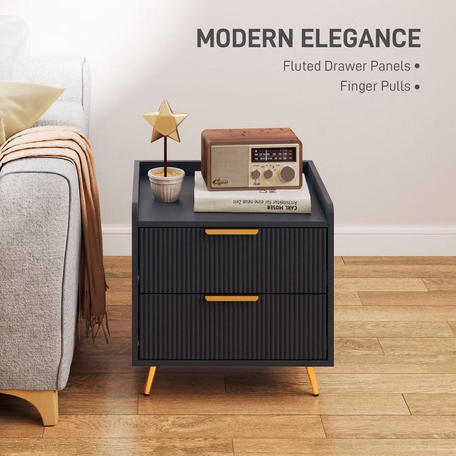 HOMCOM Set of 2 Elegant Modern Two-Drawer Bedside Tables in Black and Gold – 4