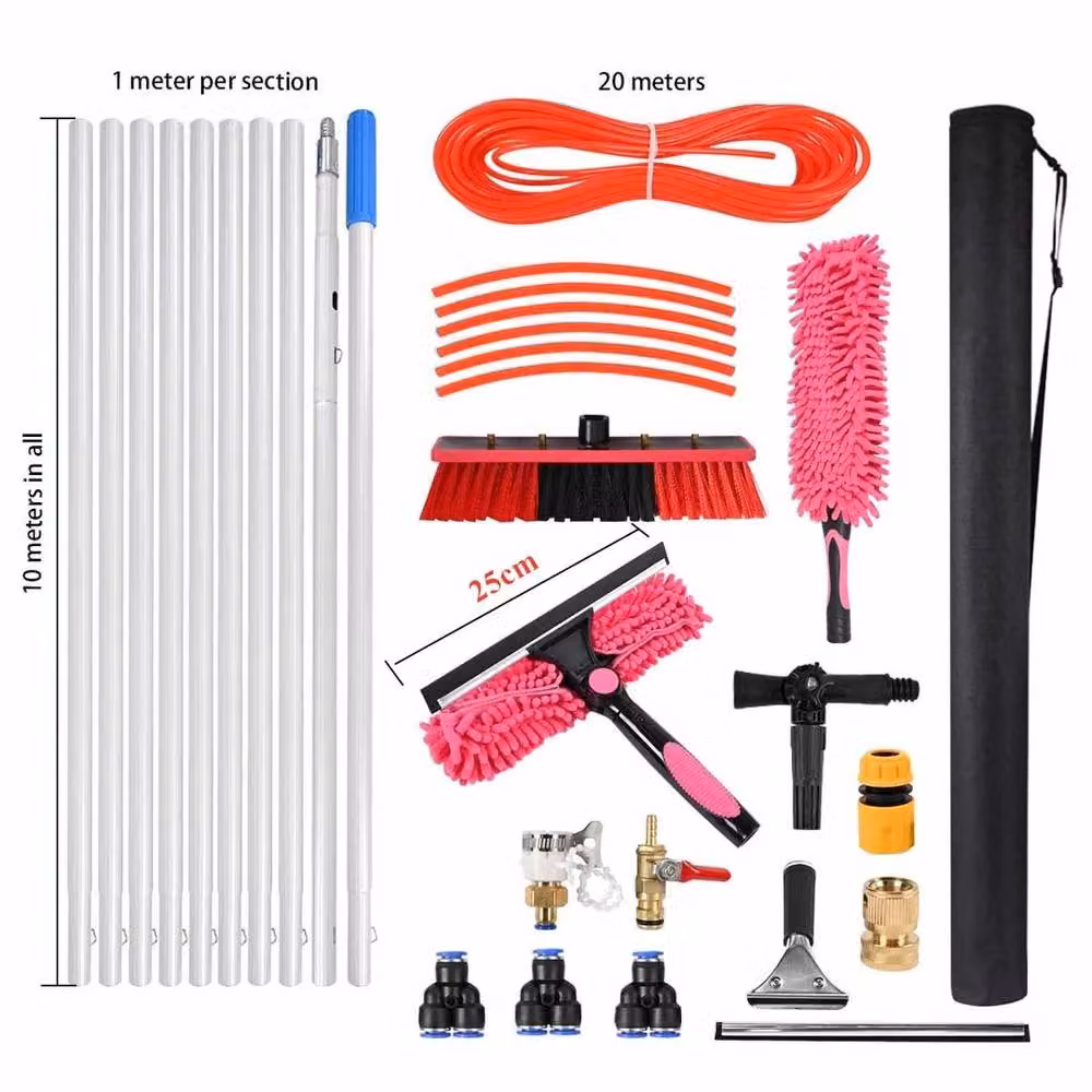 NESTLUNE Red Water Fed Pole Set for Solar Panel and Window Cleaning with Telescopic Aluminium Handle and Microfibre Brush – 3