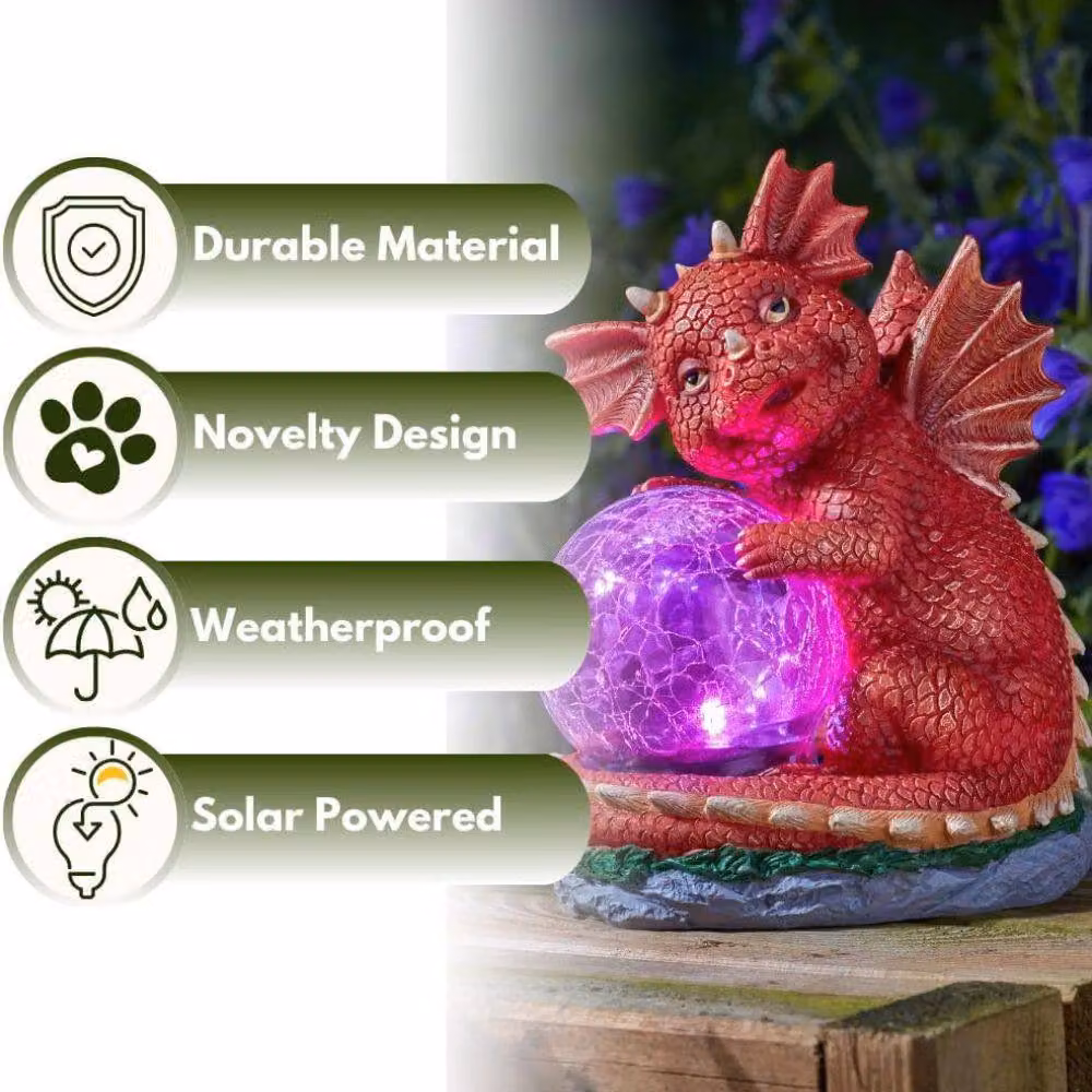 Marco Paul Solar LED Dragon Ornament with Crackle Ball in Red, Height: 70 cm – 5