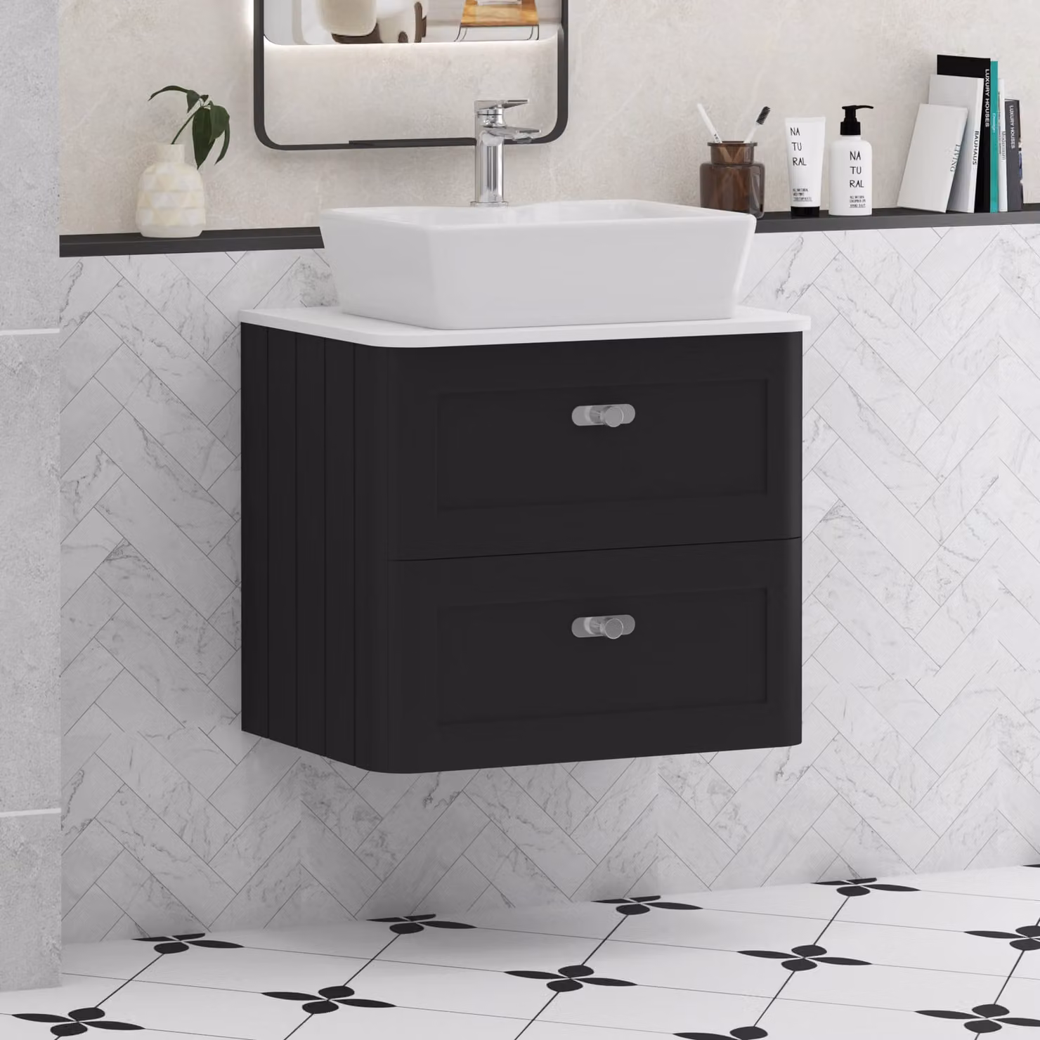 Royal Bathrooms Henley 600mm Wall Hung Vanity Unit with 2 Drawers, Matt Nocturne Black and Plain White Worktop