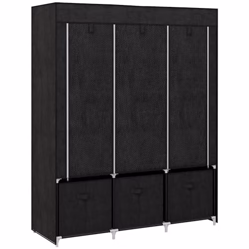 HOMCOM Black Fabric Wardrobe with Roll Shutter, Hanging Rod, Internal Shelves and Drawers
