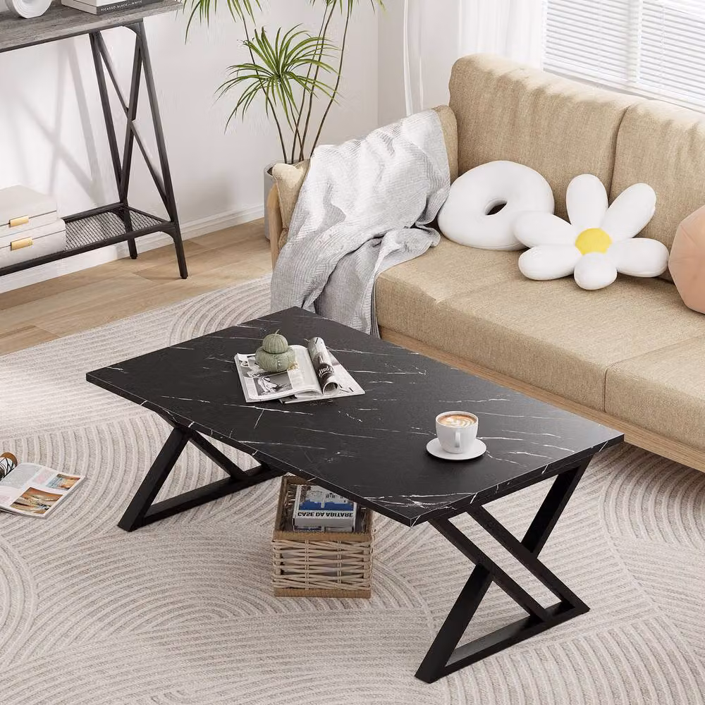 Huhote Modern Geometric Coffee Table with Black Metal Frame and Glass Top – 3