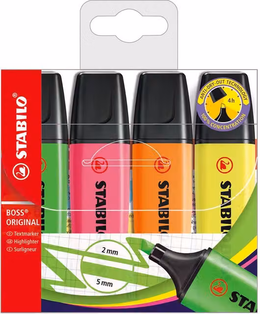 Stabilo Boss Original Multicolour Chisel Tip Highlighter Pack of 4