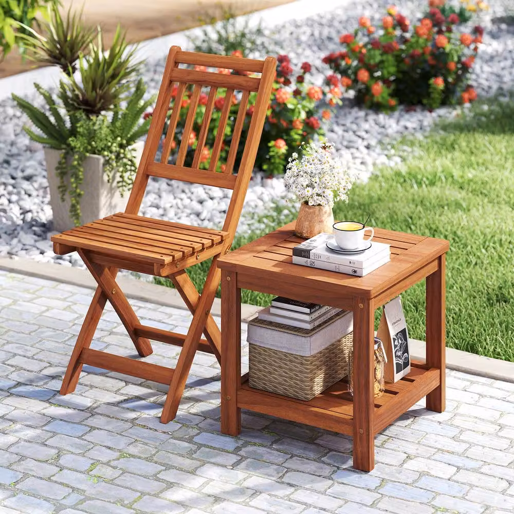 Costway Natural Solid Wood Square Patio Side Table and Outdoor Coffee Table – 4