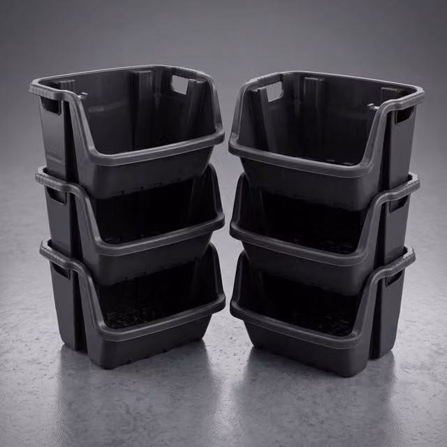 Storm Trading Group Set of 6 Large Black Heavy Duty Industrial Plastic Storage Crates with Handles
