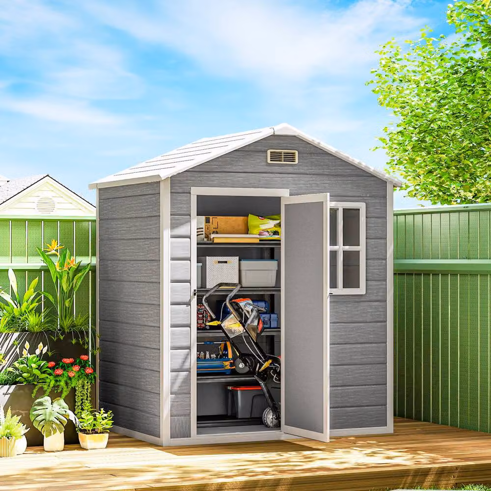 Rolipo Grey Plastic Garden Shed with Floor, Window and Lockable Door, W/D/H: 182.88 x 121.92 x 182.88 cm – 3