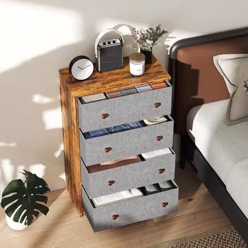 HOMCOM Chest of Drawers with 4 Fabric Drawers in Grey and Rustic Brown – 5