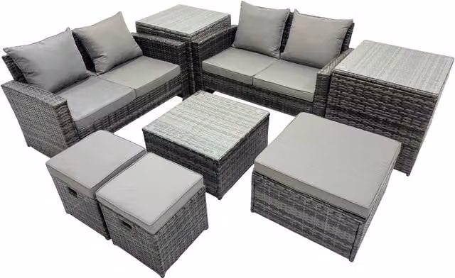 Fimous 7-Seat PE Rattan Garden Lounge Set in Dark Grey Mixed with U-Shape Sofa, Ottoman and Coffee Table
