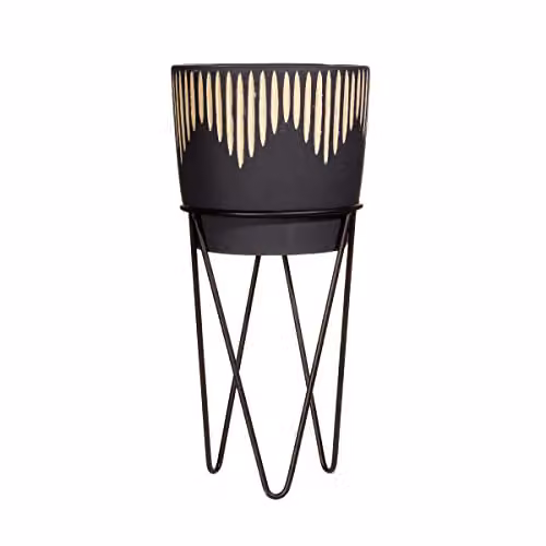 Sass & Belle Black and Sand Sgrafitto Concrete Tabletop Planter with Metal Wire Stand W/D/H: 14 x 14 x 30 cm – 4