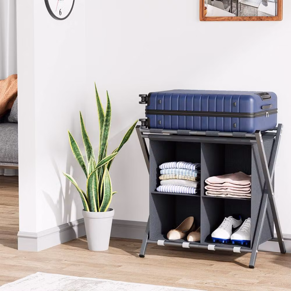Huhote Set of 2 Sturdy Luggage Rack Stands with Storage in Grey – 2