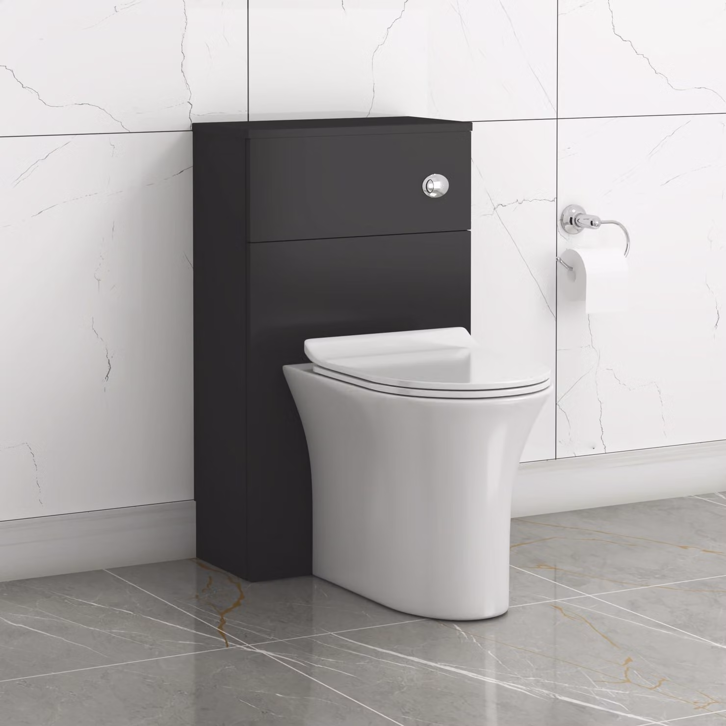 Royal Bathrooms Turin 500mm Matte Black BTW WC Unit with Breeze Rimless Ceramic Toilet Pan, Slim Soft Close Seat and Cistern