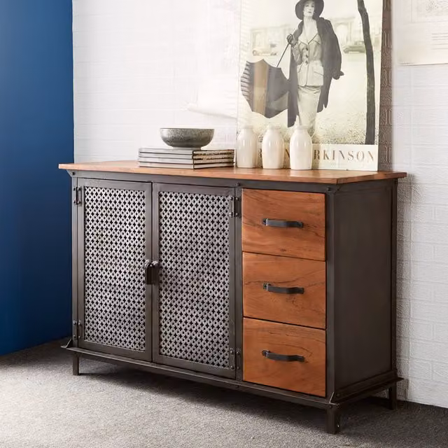 IH Design Industrial Wood and Metal Sideboard with 3 Drawers and 1 Door in Brown