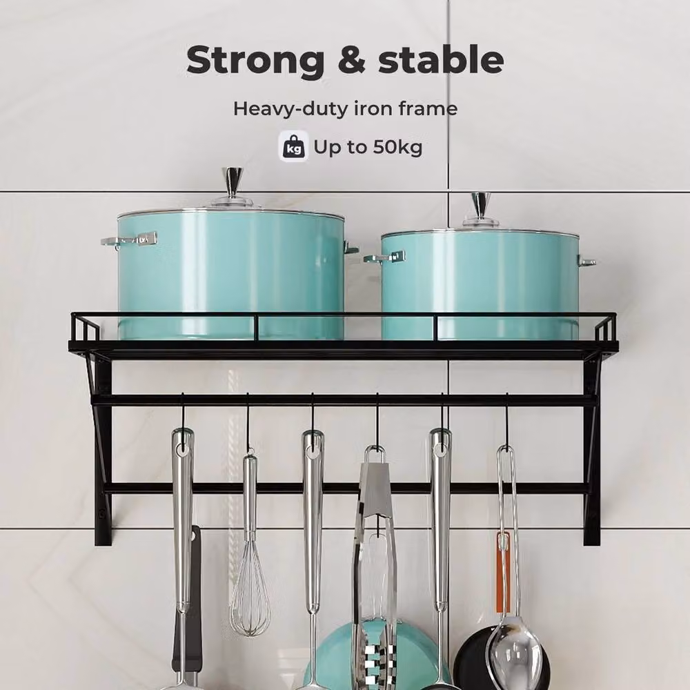 FORGEVIO Wall Mounted Cookware Rail Shelf with 12 Hooks and Metal Utensil Holder, Black – 3