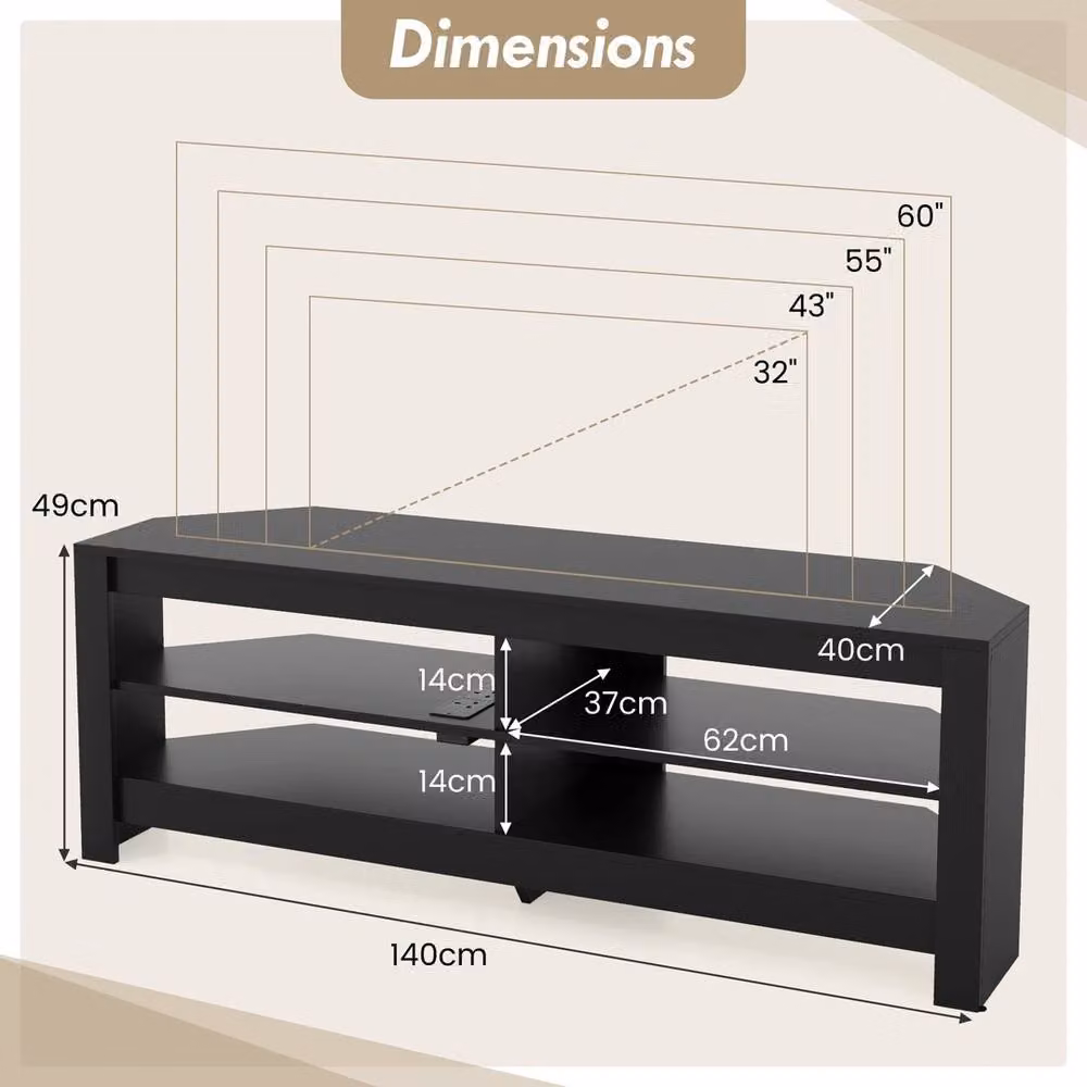 VOGREX 3-Tier Corner TV Stand and Entertainment Shelves in Matt Black – 2